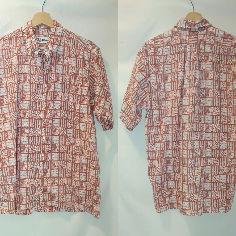 Reyn Spooner Button Front Short Sleeve Washed Orange‎ Coral Gray Hawaii Print M